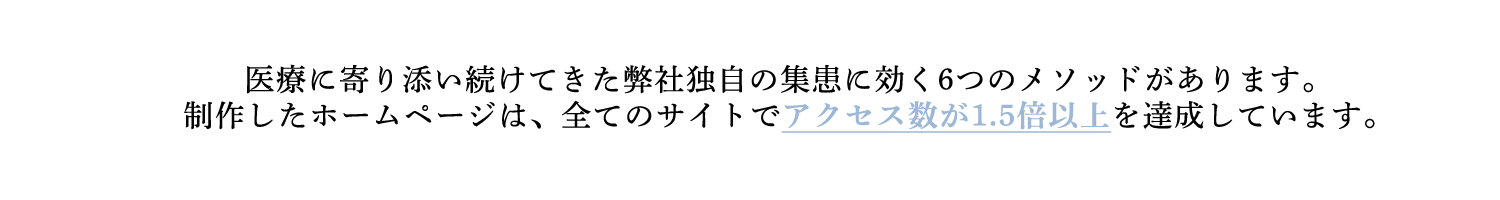 医療に寄り添い続けてきた弊社独自の集患に効く6つのメソッドがあります。 制作したホームページは、全てのサイトでアクセス数が1.5倍以上を達成しています。