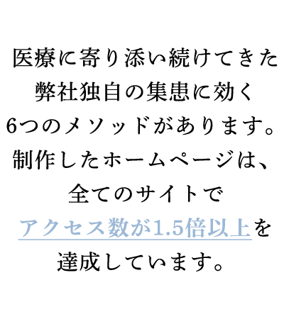 医療に寄り添い続けてきた弊社独自の集患に効く6つのメソッドがあります。 制作したホームページは、全てのサイトでアクセス数が1.5倍以上を達成しています。